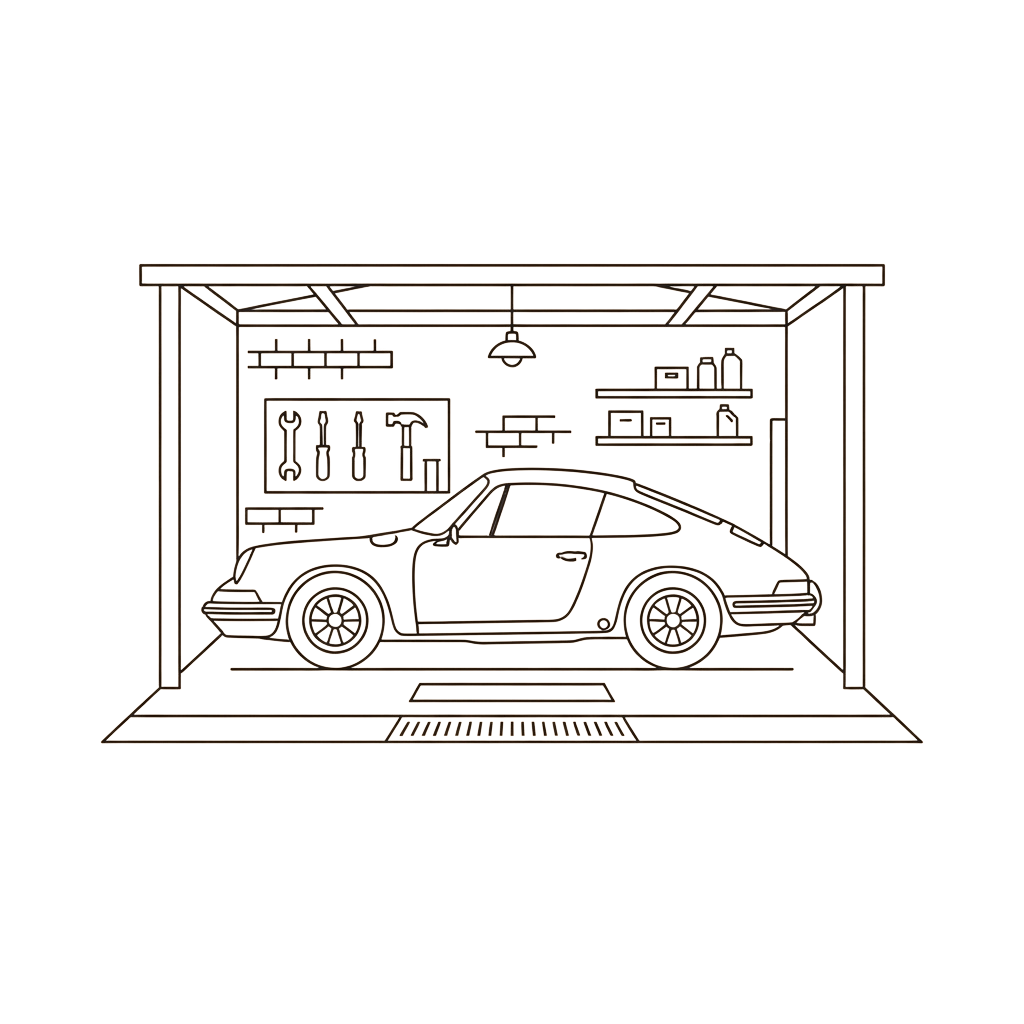 Line drawing of a classic sports car inside a garage with tools on shelves above