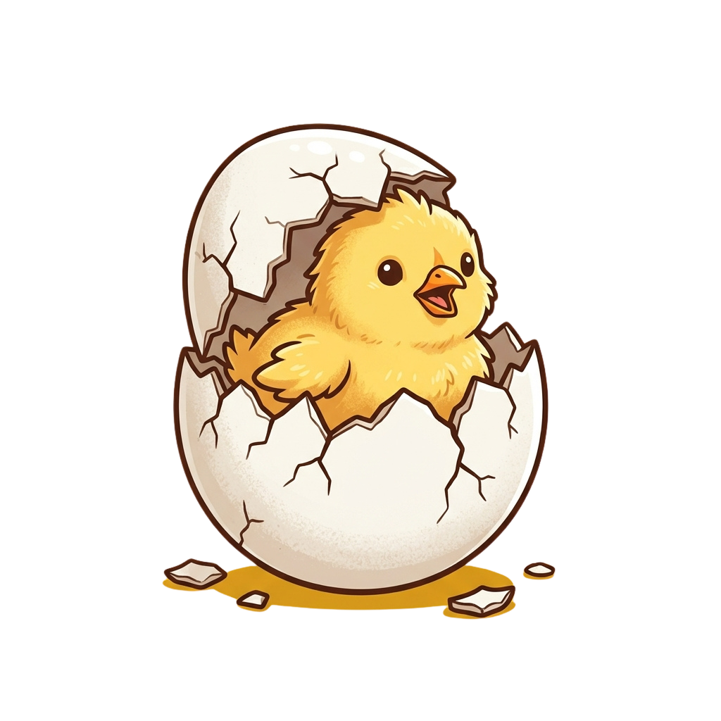 A cheerful yellow chick emerging from a cracked egg with pieces of shell on the ground