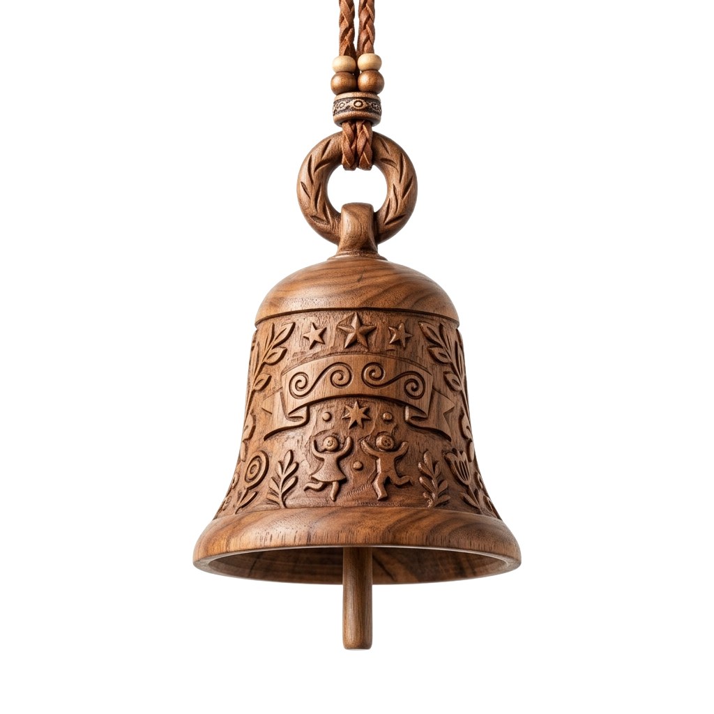 A wooden bell with detailed carvings of floral and geometric patterns hanging from a braided rope.