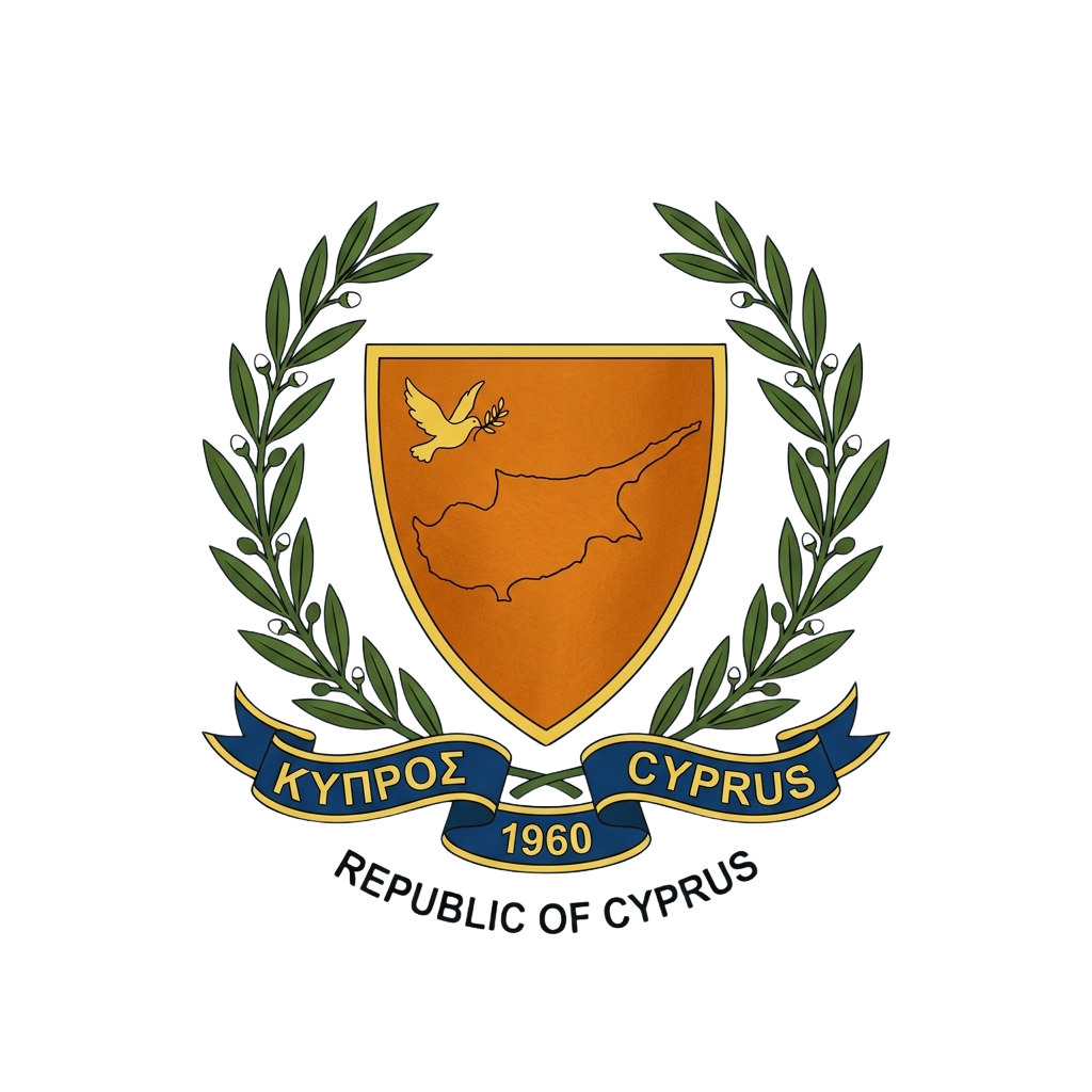 Official coat of arms of the Republic of Cyprus featuring a copper shield with a map and a bird, surrounded by olive branches and a banner with text