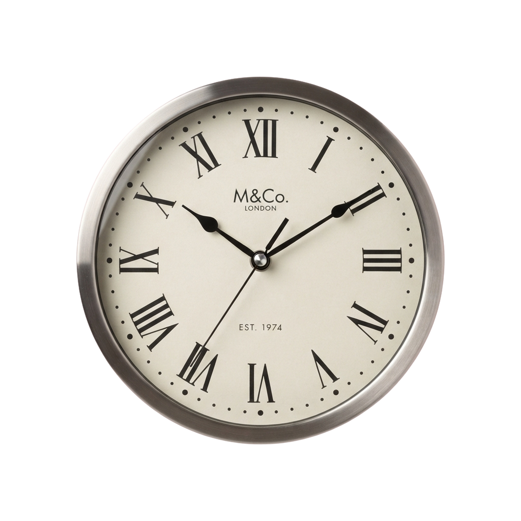 A round wall clock with Roman numerals, black hands, and a silver rim against a black background.