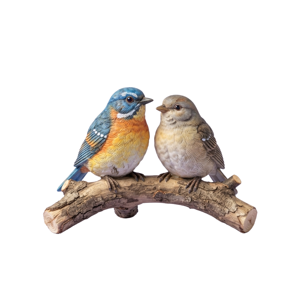 Two birds, one blue and orange, one brown and gray, sitting side by side on a curved wooden branch.