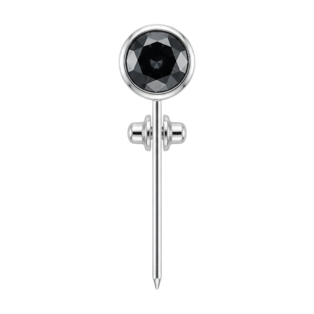 A close-up image of a silver stud earring featuring a round black gemstone at the top.