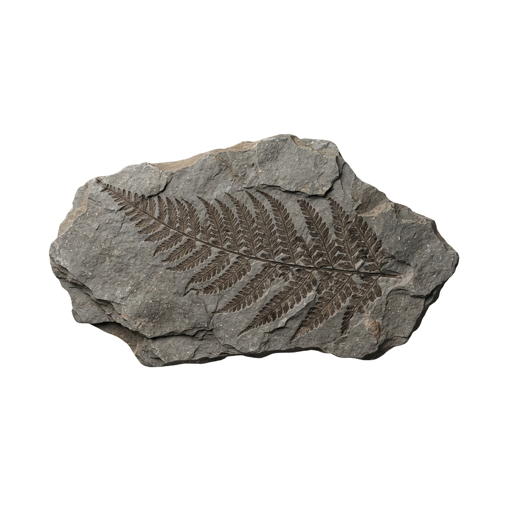 A fossilized fern imprint preserved in a gray stone slab against a black background