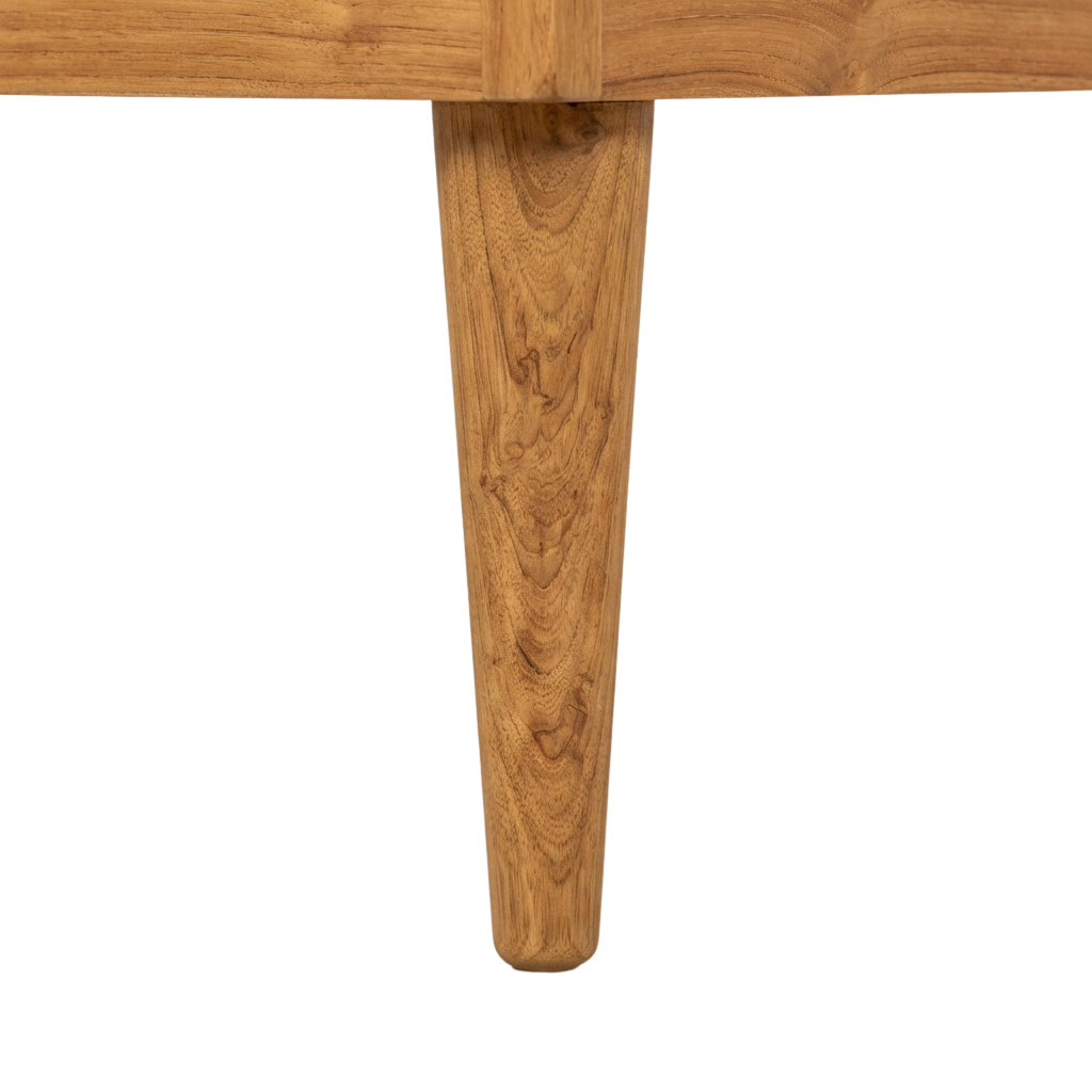 Close-up of a tapered wooden table leg showcasing natural wood grain texture