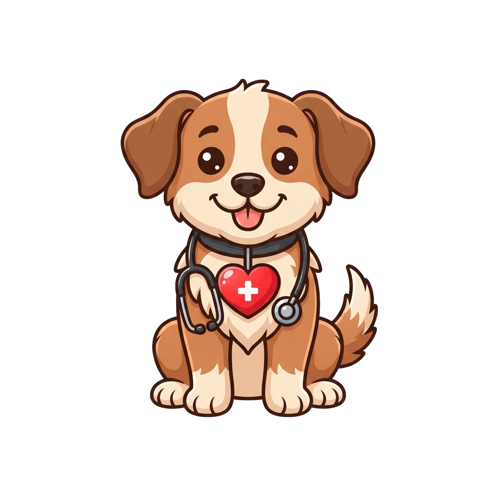 A cheerful cartoon dog wearing a stethoscope around its neck and holding a heart with a cross symbol