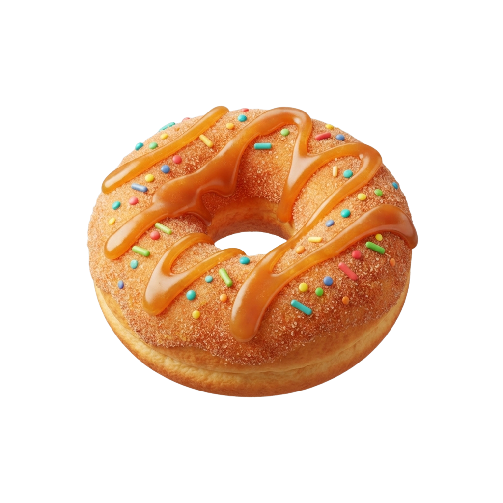 A glazed donut with orange icing drizzle and rainbow sprinkles on top