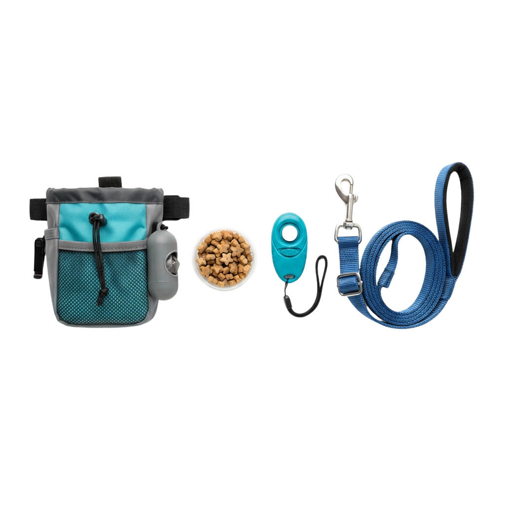 Dog travel kit including a pouch with a water bottle, dog treats, a teal toy, leash, and carabiner.