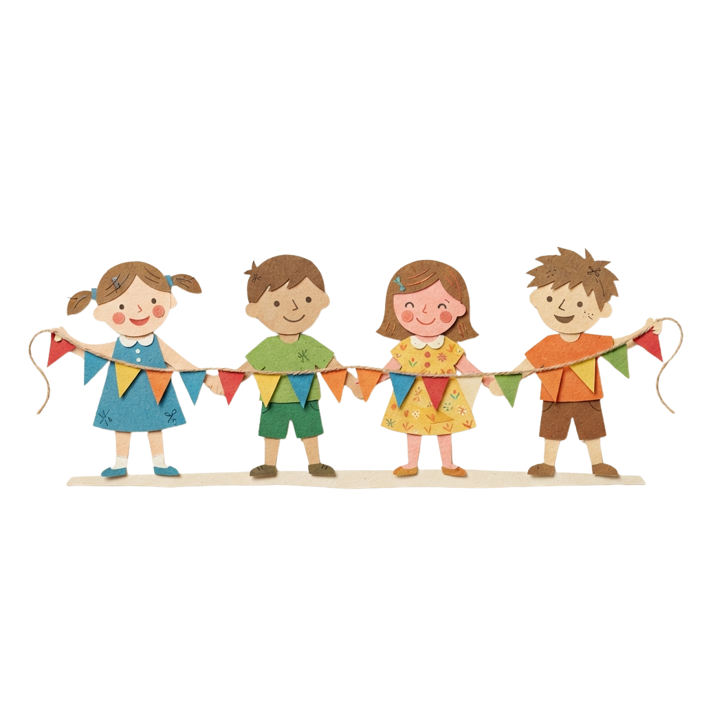 Four smiling children holding a string of colorful triangular pennant flags