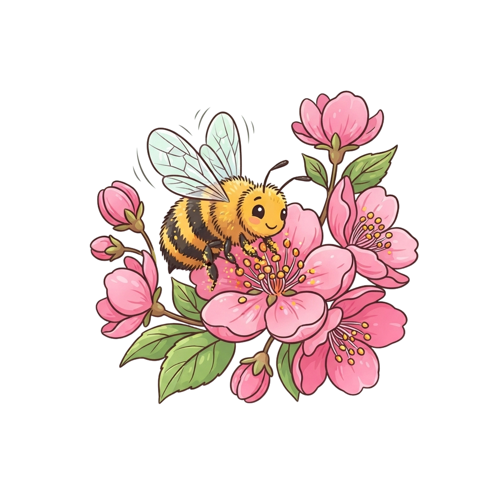 A cheerful cartoon bee with pollen on its body sits on a cluster of pink flowers with green leaves