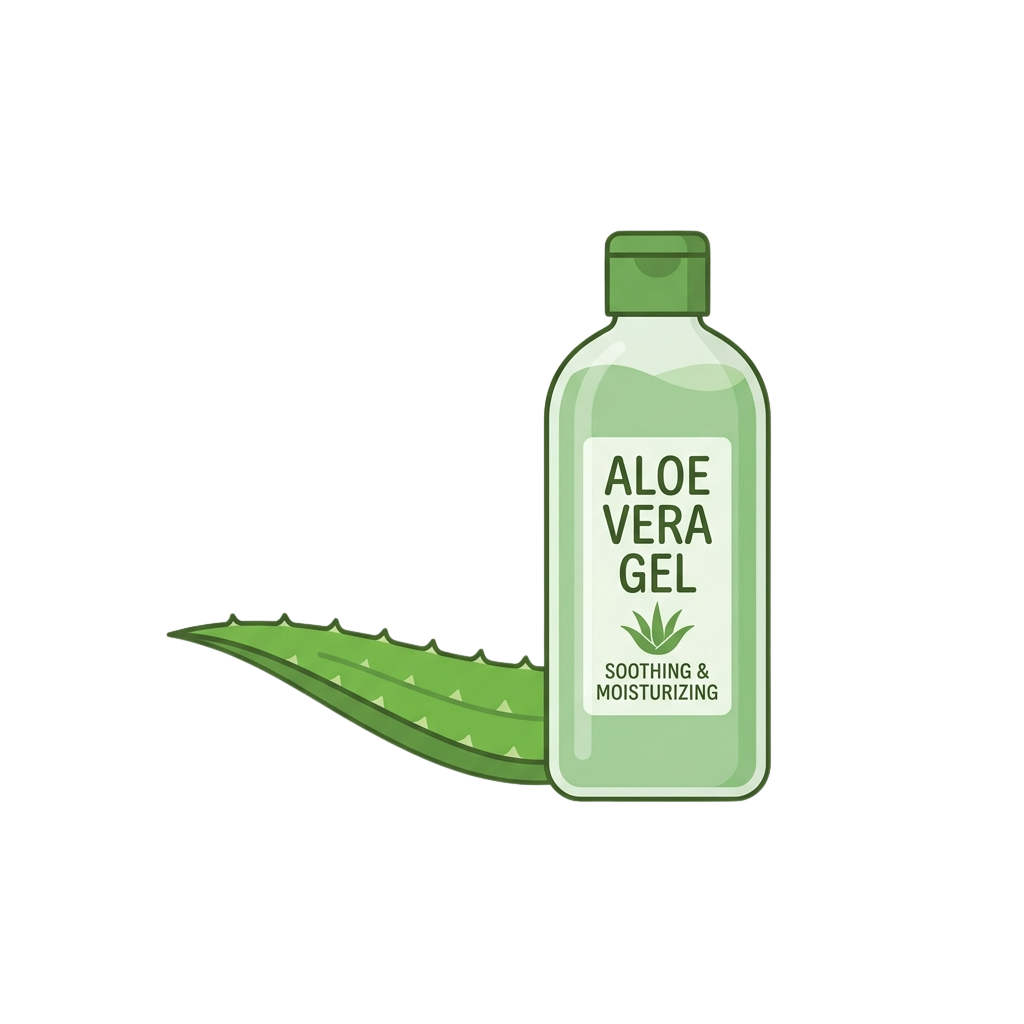 Aloe vera gel bottle next to a green aloe vera leaf graphic