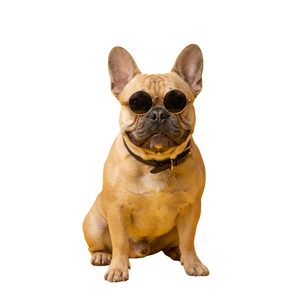 A light tan French Bulldog sitting and wearing sunglasses and a black choker collar