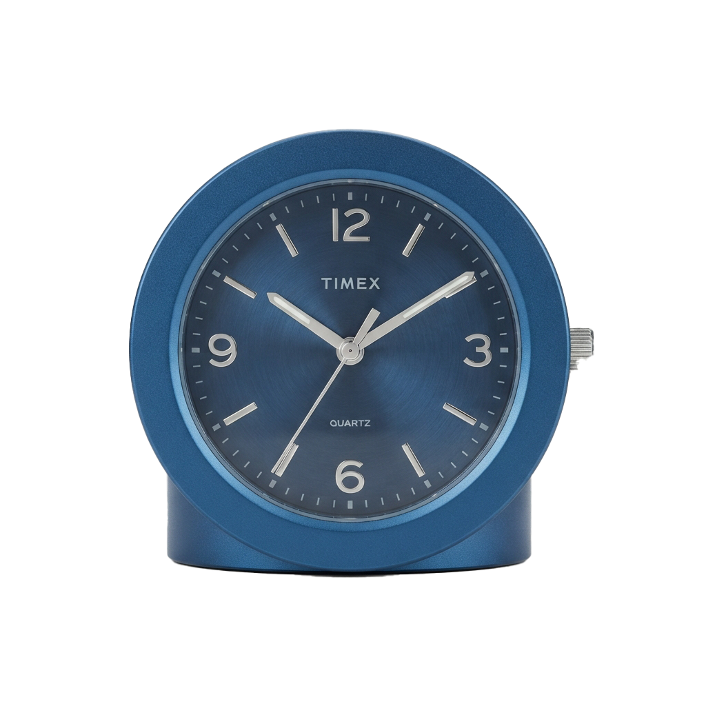 Blue round analog alarm clock with quartz movement and white hour markers