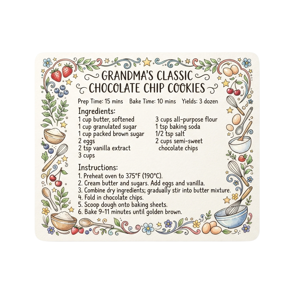Vintage-style recipe card for classic chocolate chip cookies with ingredients and instructions