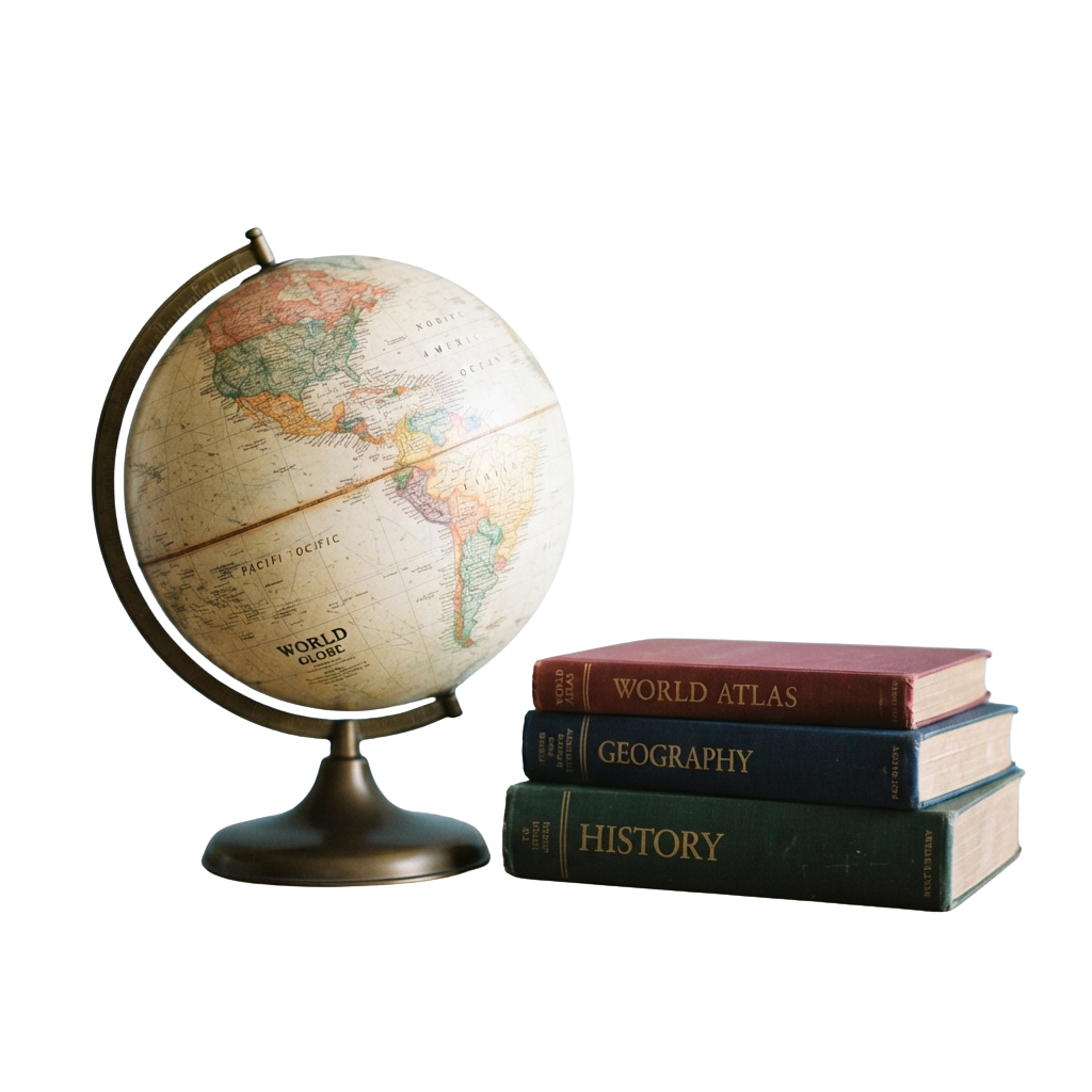 A globe labeled World Globe on a stand next to three books titled World Atlas, Geography, and History