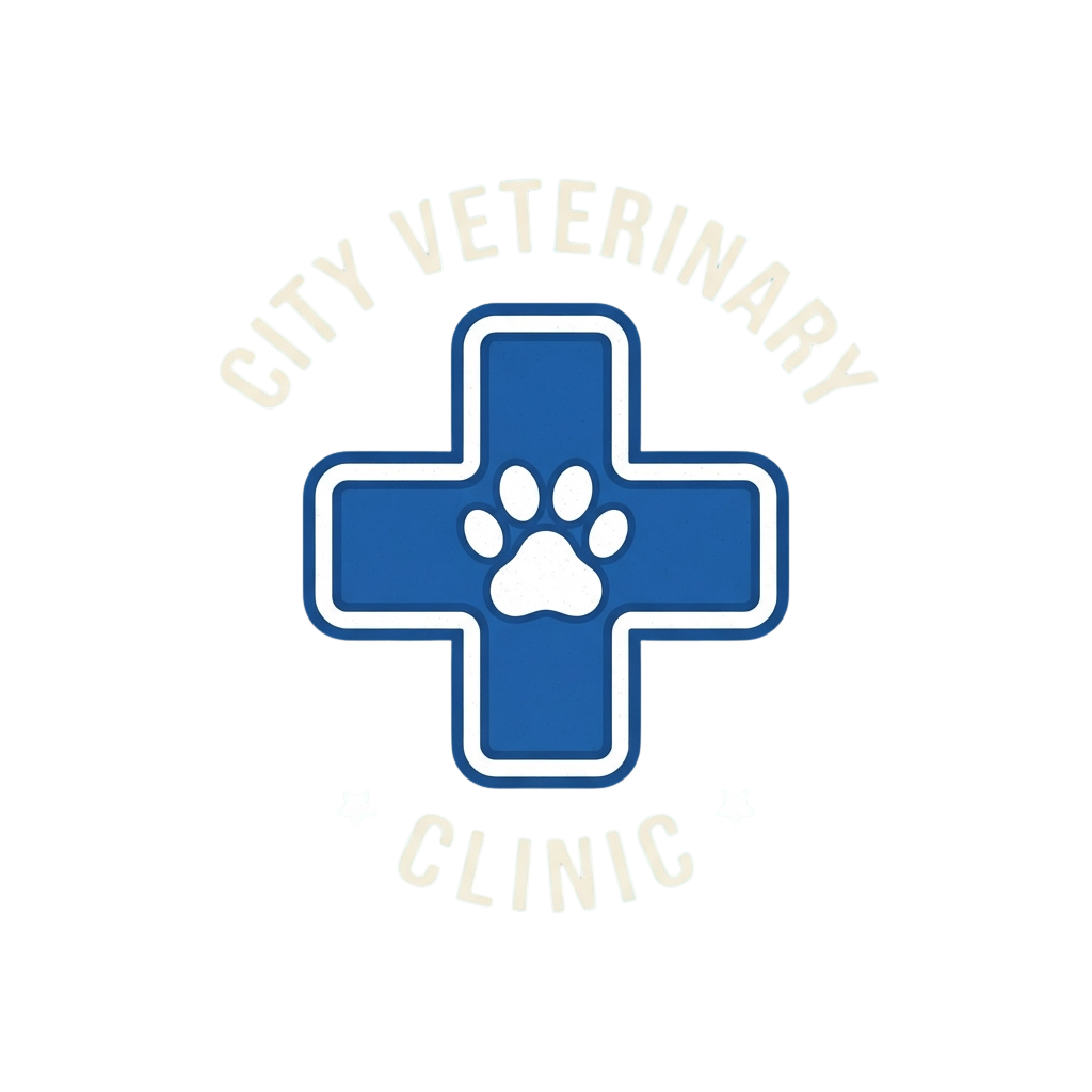 Blue cross symbol with paw print in center, labeled City Veterinary Clinic in white text