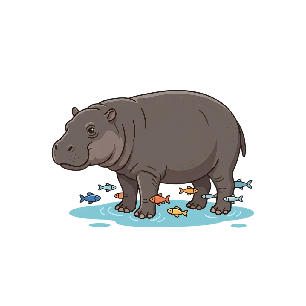 A cartoon hippopotamus standing in shallow water surrounded by small colorful fish