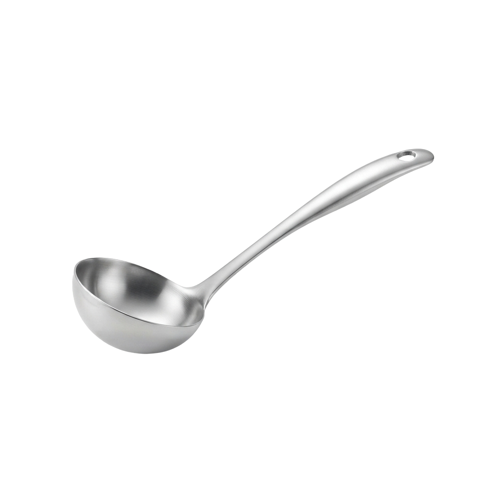 A shiny stainless steel serving spoon with a curved bowl and ergonomic handle