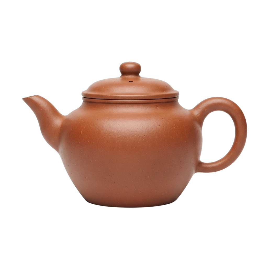 A terracotta-colored clay teapot with a lid and a single handle on the right side.