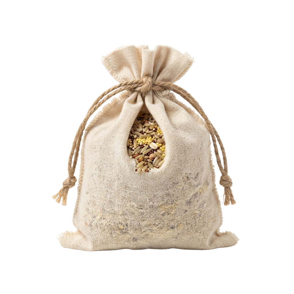 A beige cotton drawstring bag filled with mixed seeds, tied at the top with twine.