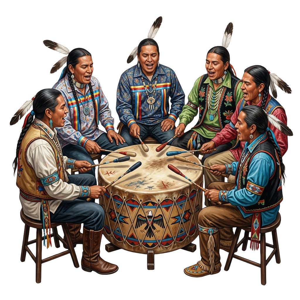 Five men in traditional Indigenous attire playing drums in a circle, smiling and engaged in a cultural gathering.