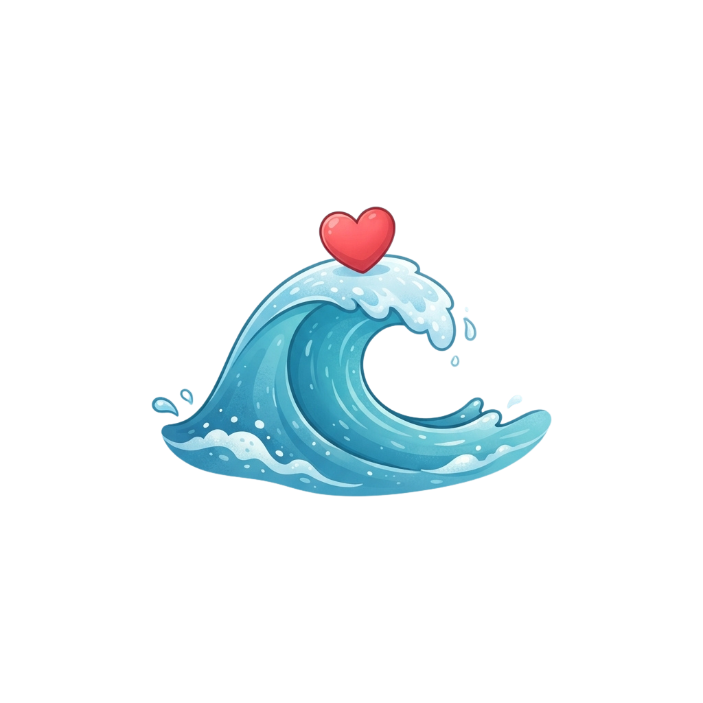 A stylized wave with a red heart balanced on top against a dark background