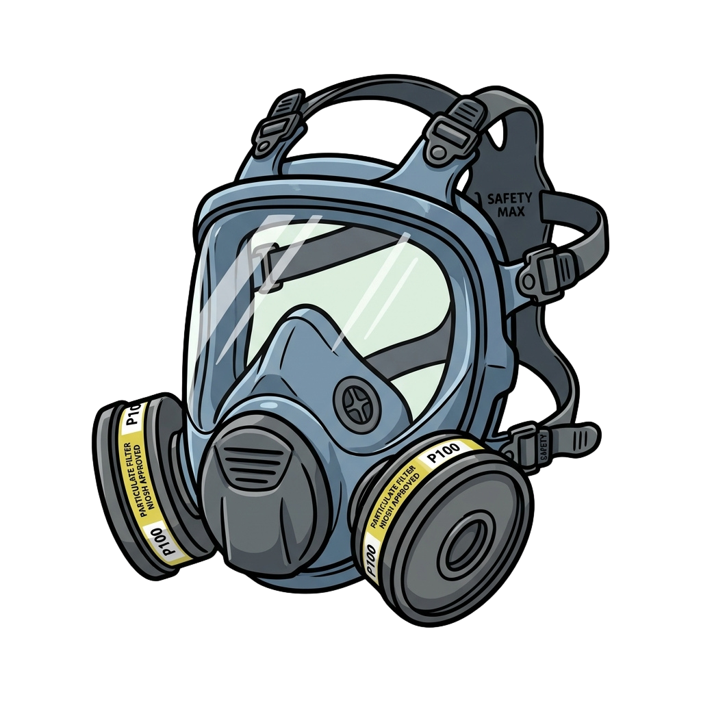 Illustration of a gray gas mask with P100 particulate filters attached on both sides