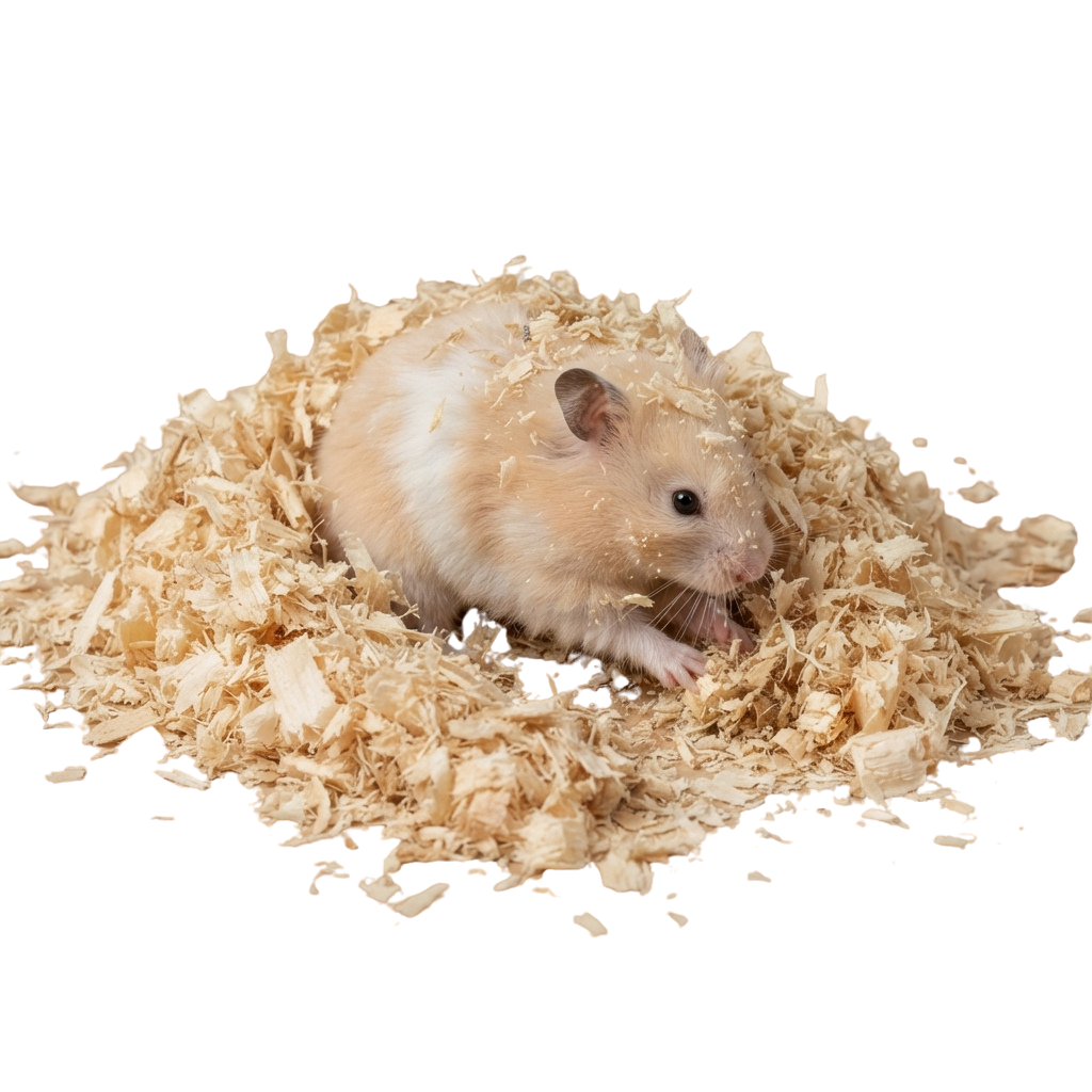A small hamster curled up in light-colored wood shavings bedding