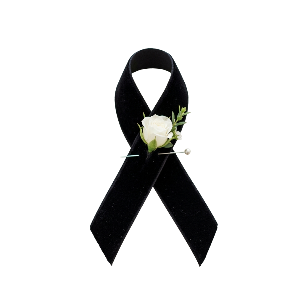 A black ribbon with a white rose and green leaf pin attached, symbolizing awareness or remembrance.