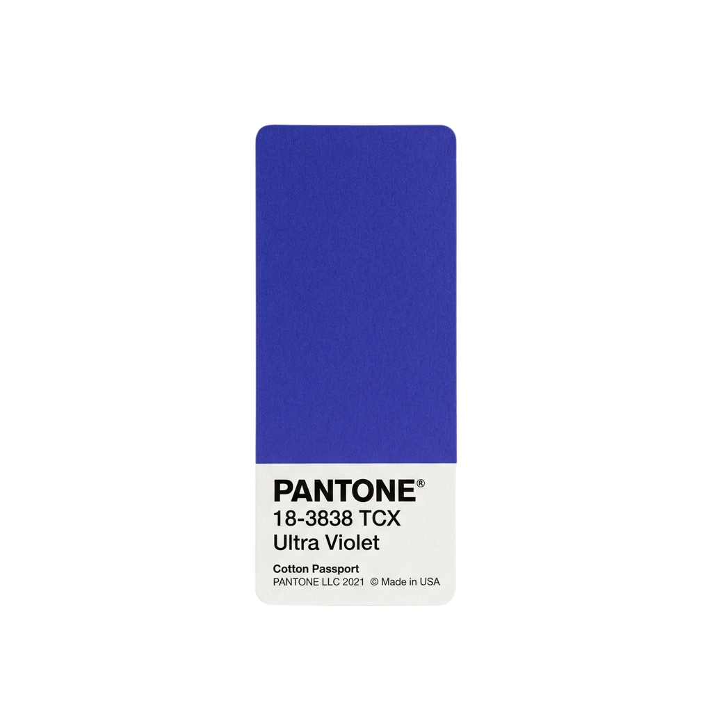 Swatch of Pantone Ultra Violet TCX color 18-3838 on a white background with text details