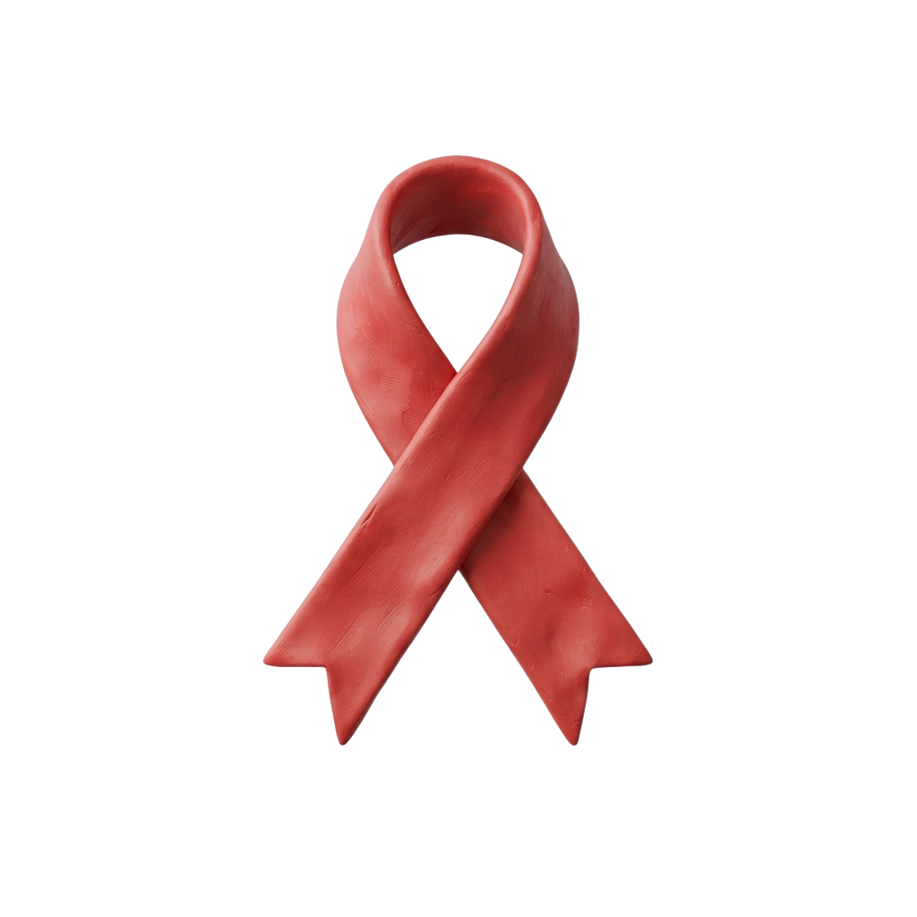 A red ribbon symbol pinned to a dark fabric background