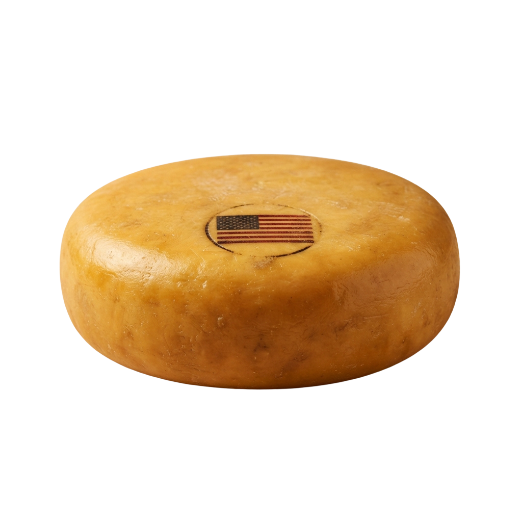 A round wheel of cheese featuring an American flag design on its rind.
