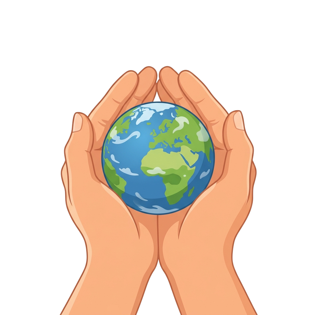 Two hands gently holding a globe representing care for the Earth