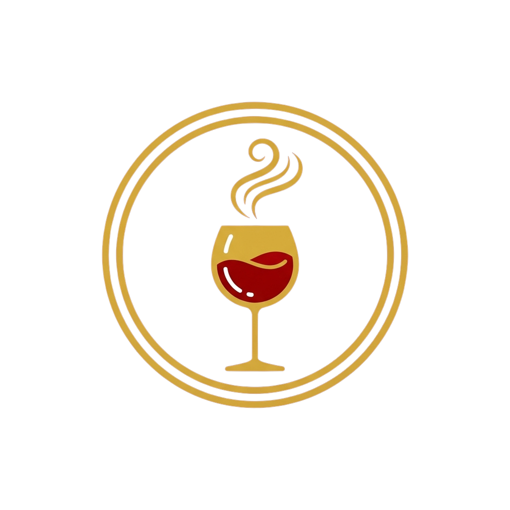 A stylized wine glass filled with red wine, emitting steam, enclosed in a circular gold border
