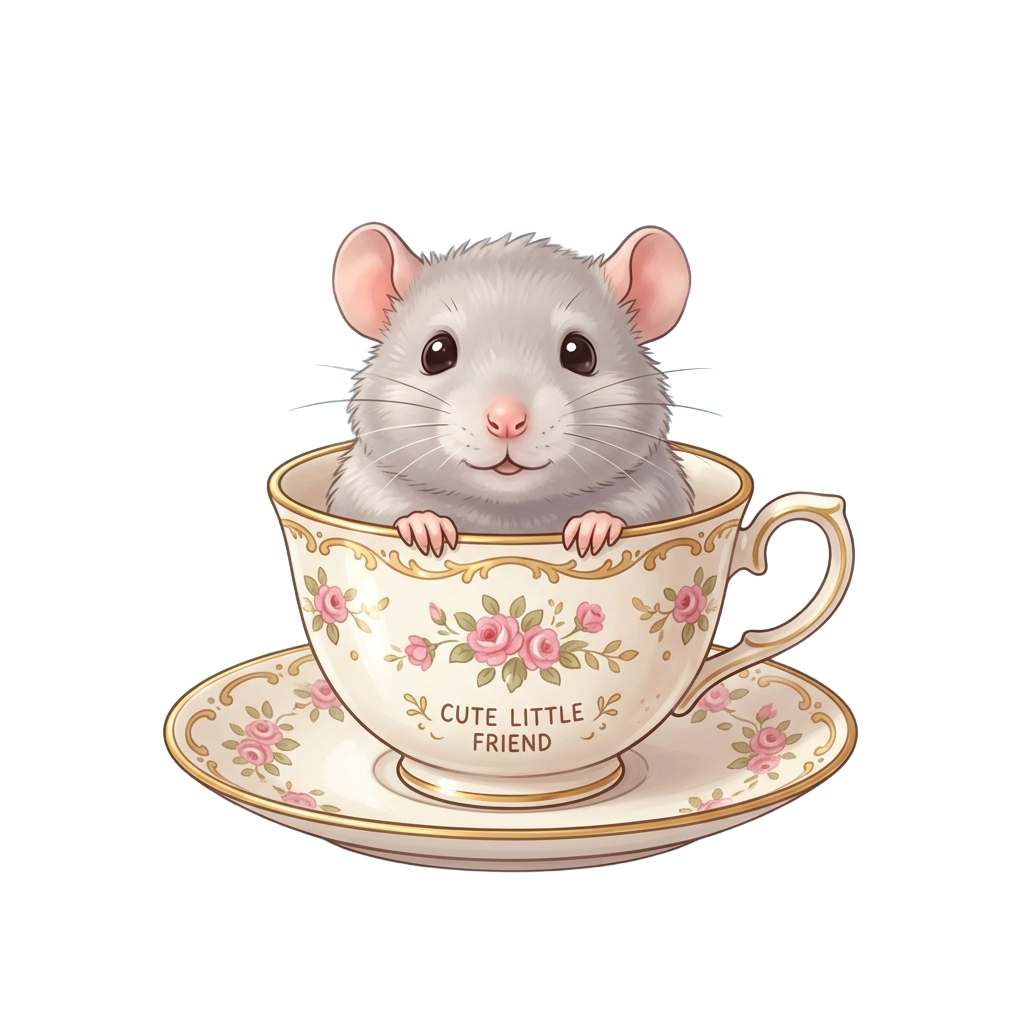 A smiling cartoon mouse peeking over the rim of a floral-patterned teacup with the words Cute Little Friend written on it.