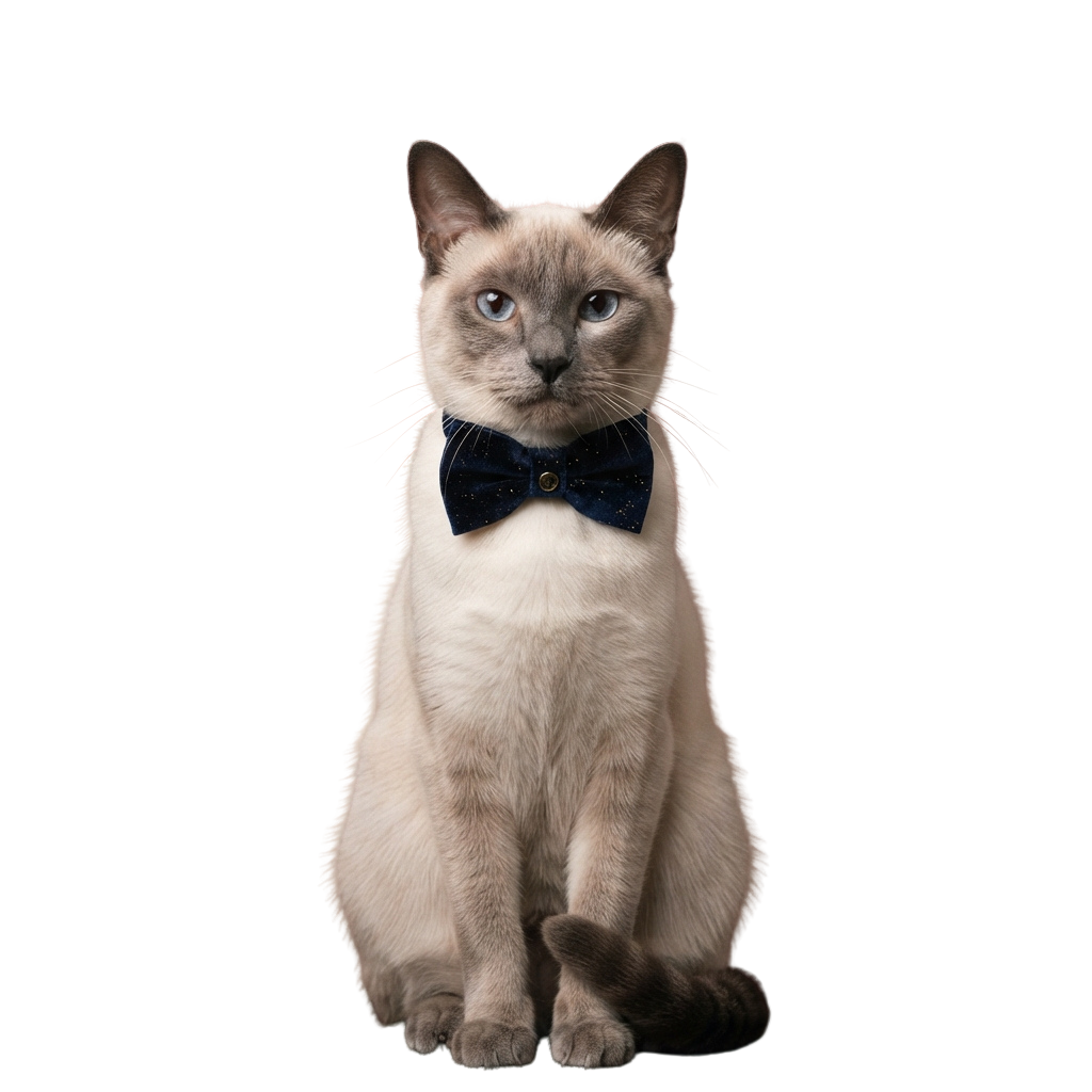 A Siamese cat with blue eyes sitting and wearing a dark blue bow tie against a black background