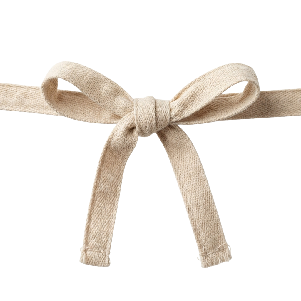 A neatly tied light beige fabric bow on a black background