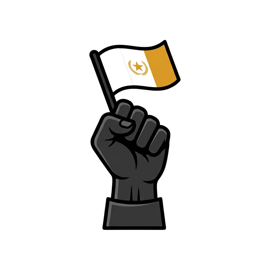 A closed fist holding a flag with white, orange, and yellow stripes and a star emblem