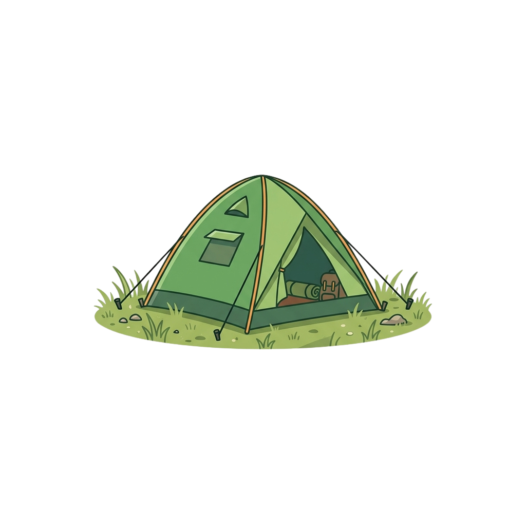Illustration of a green dome-shaped camping tent pitched on grass with a sleeping bag inside