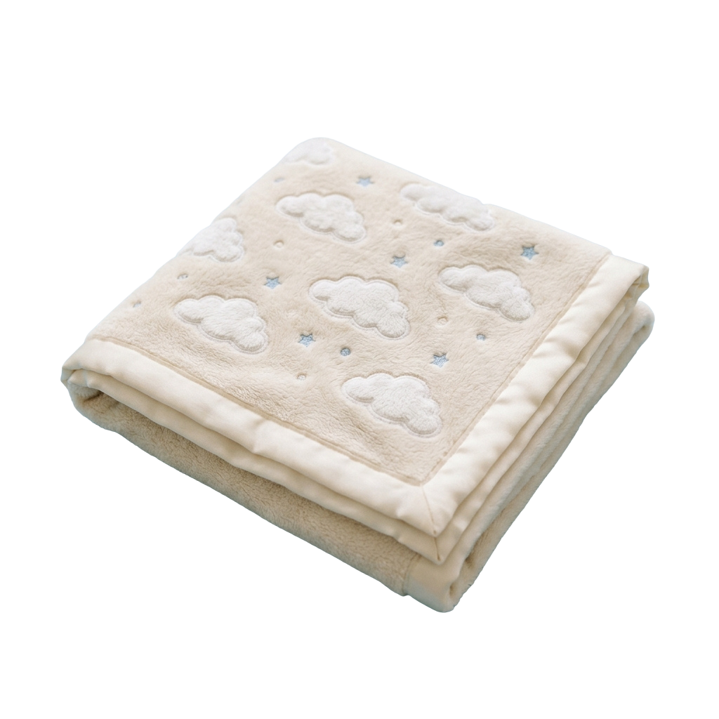 Light beige folded blanket with raised cloud and star patterns