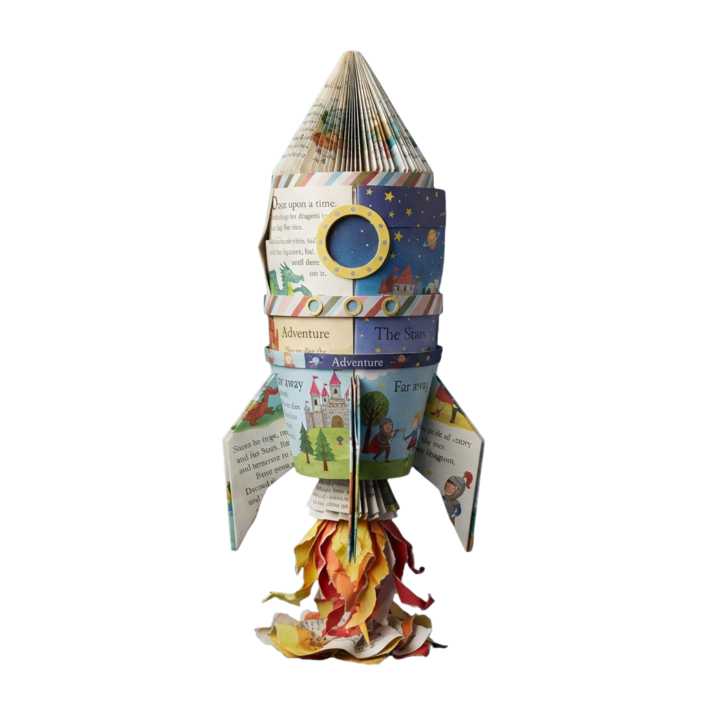Colorful paper rocket made from children's book pages with flames at the bottom