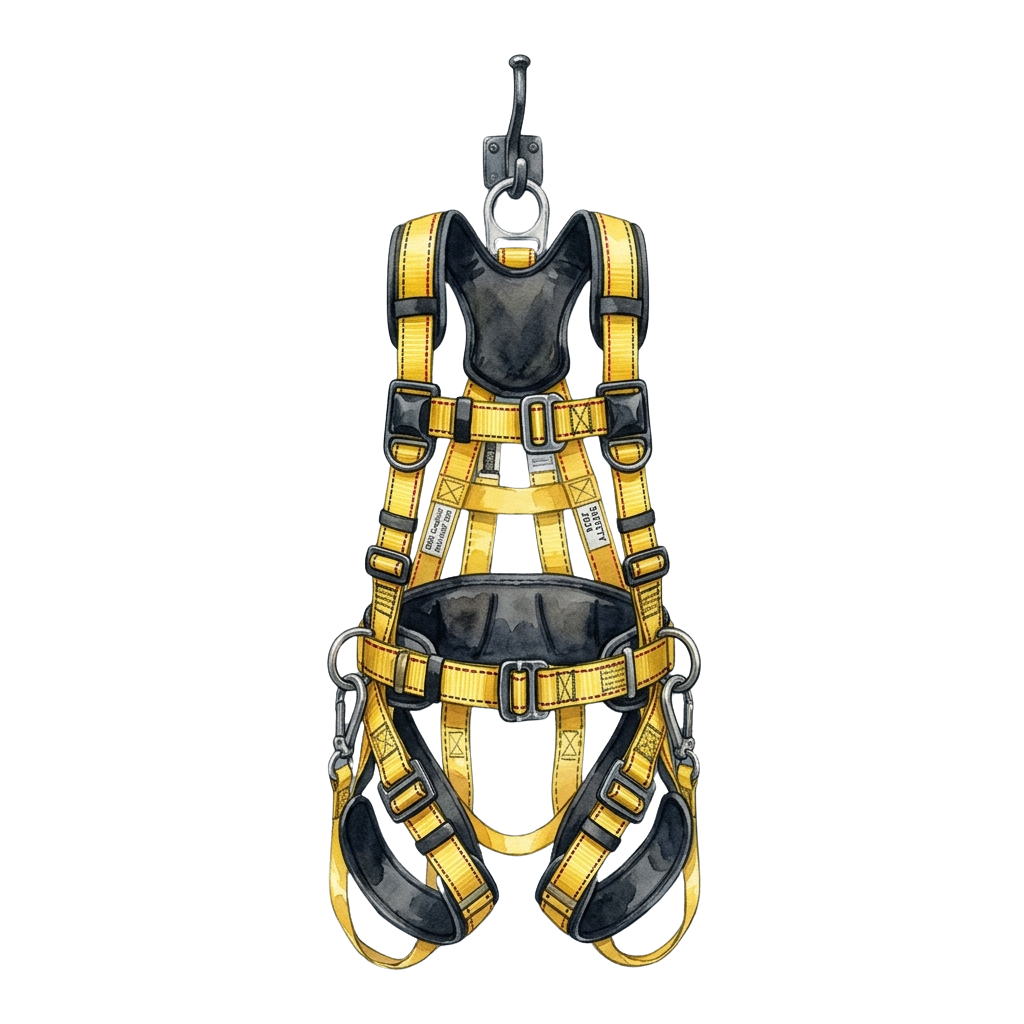 Yellow and black full-body safety harness hanging against a dark background