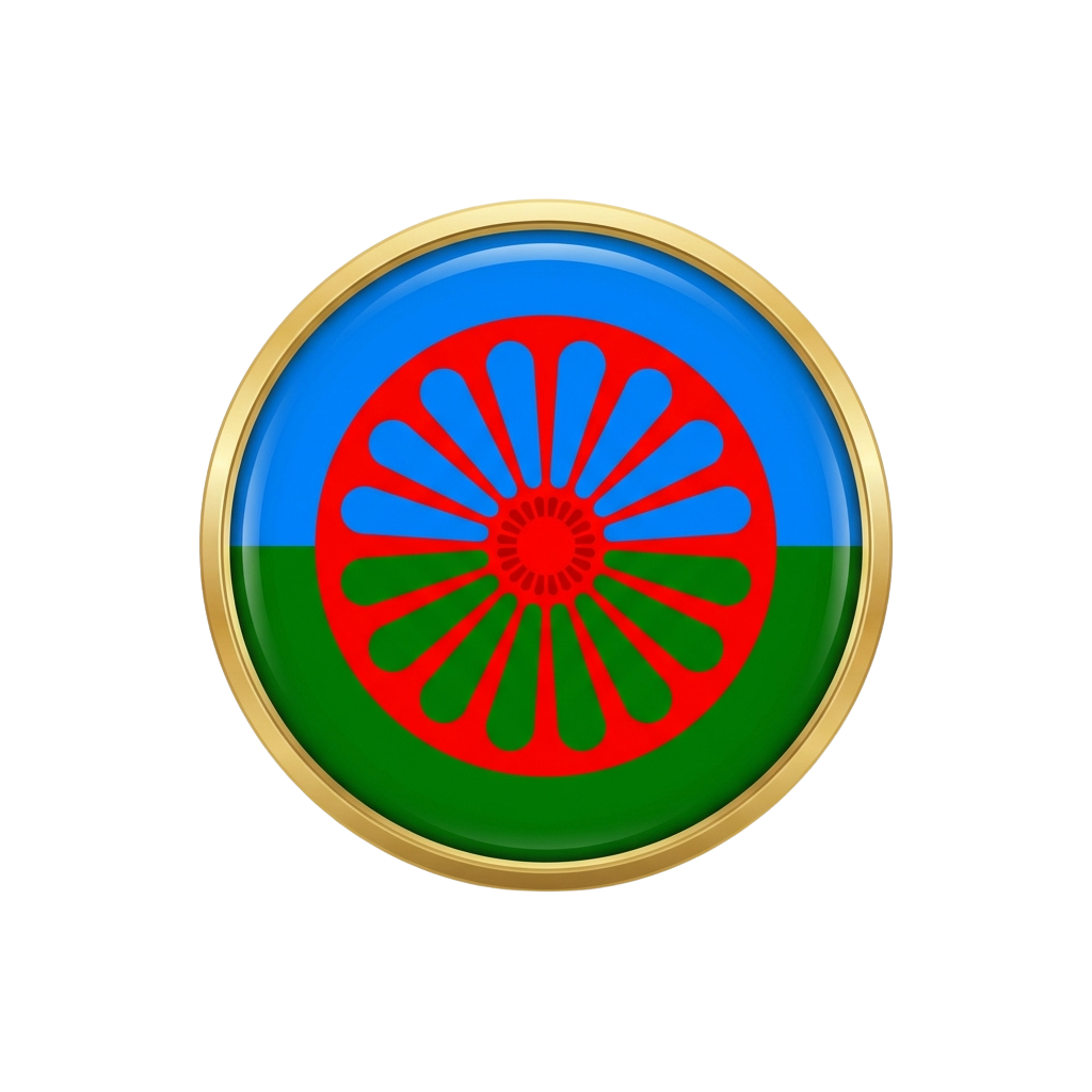 Circular emblem featuring the Rwandan flag colors with a red sun pattern in the center