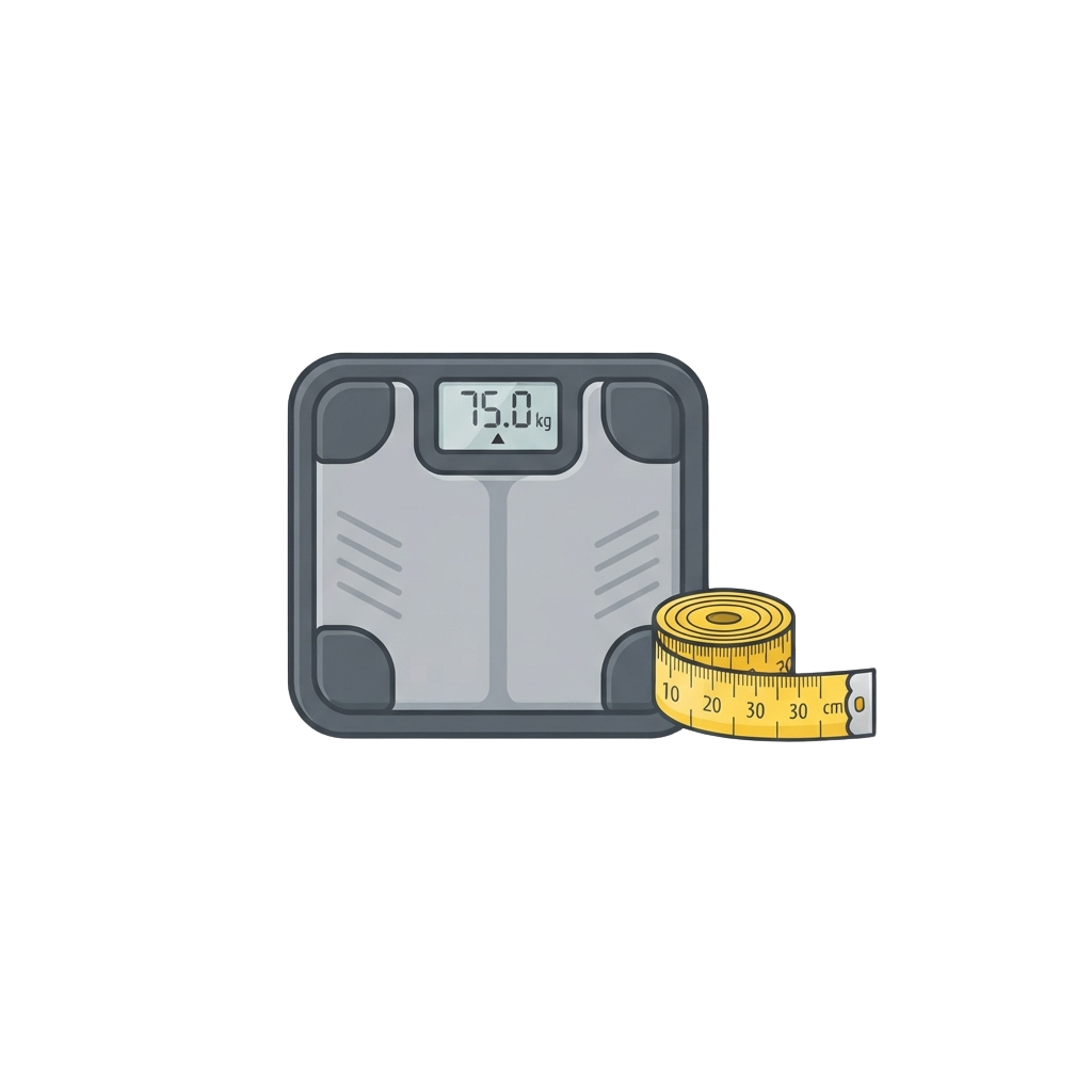 Illustration of a digital bathroom scale showing 75 kg and a yellow measuring tape.