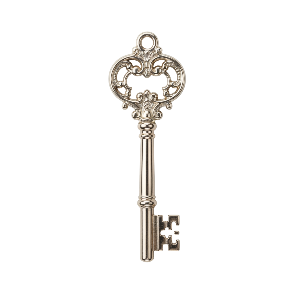 An intricately designed silver key with detailed scrollwork on the bow and a classic keybit.