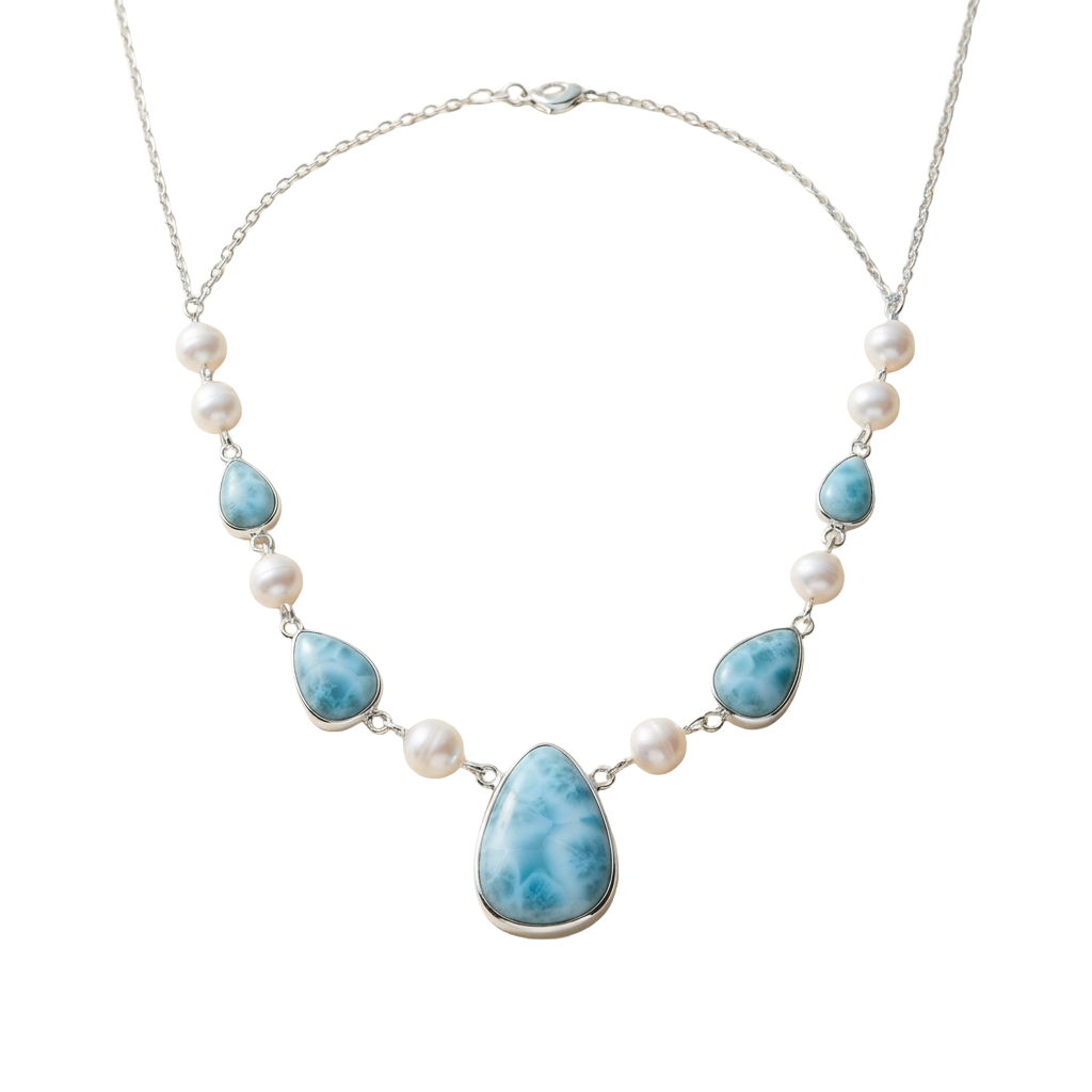 Silver necklace with larimar teardrop pendants and pearl accents on a black background