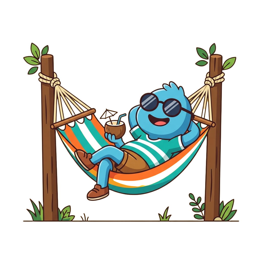A cheerful cartoon character lounges in a striped hammock, holding a drink, with sunglasses on and a relaxed smile.