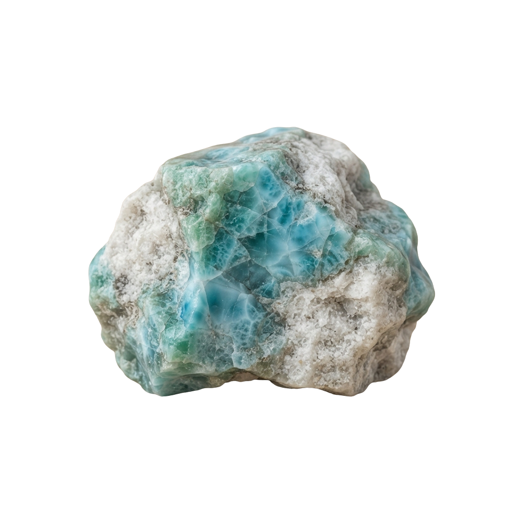 A rough, irregularly shaped blue lace agate crystal with white and green hues