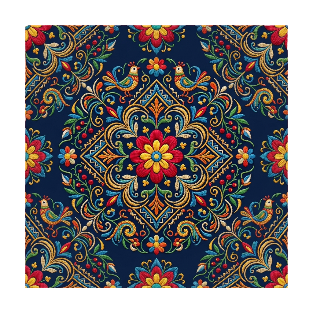 Colorful intricate pattern with flowers, roosters, and swirling vines on a dark blue background
