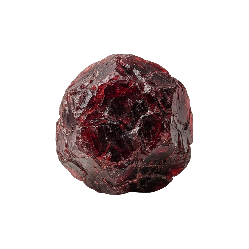 A close-up of a rough, faceted deep red gemstone with a dark, reflective surface